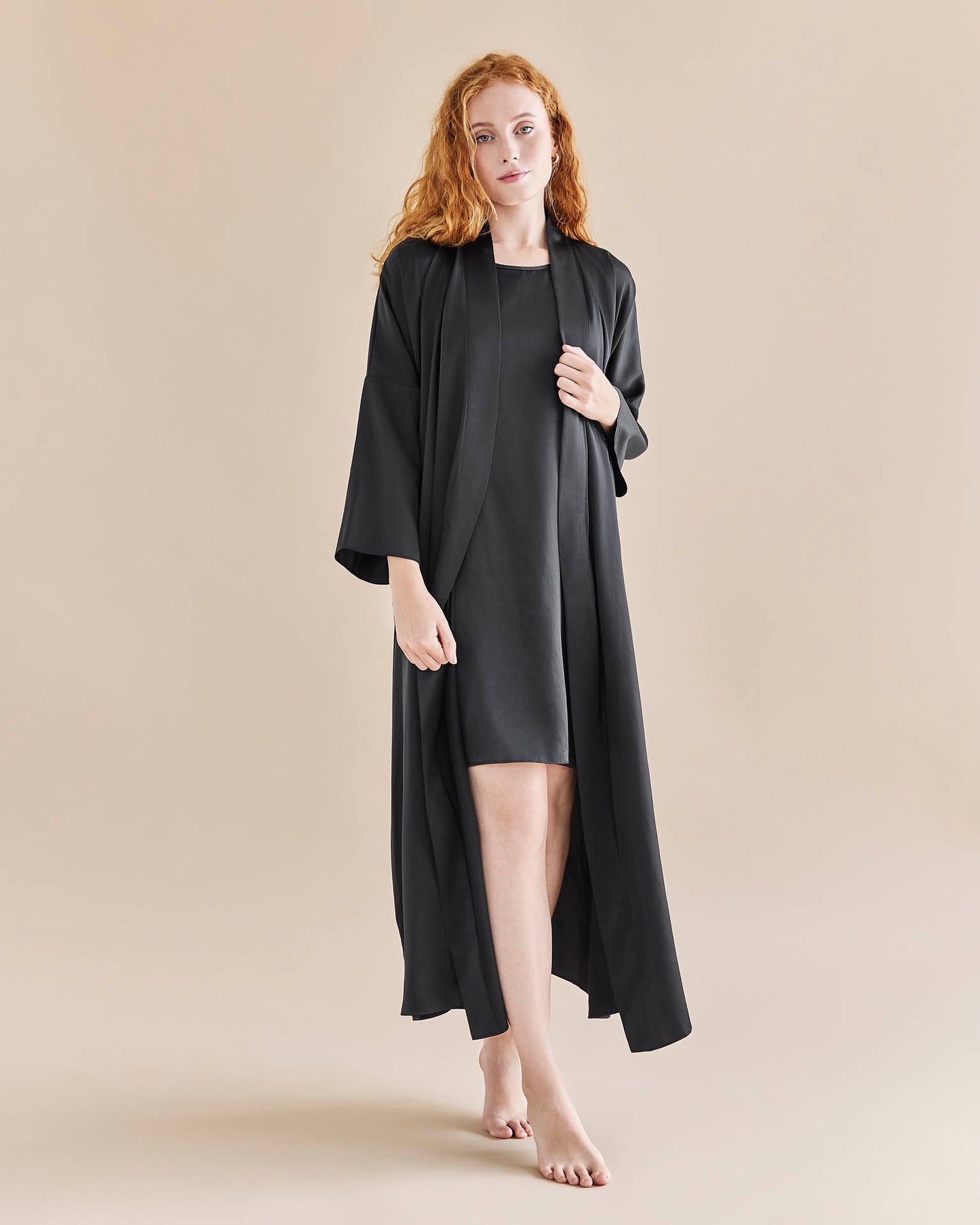 Serena Silk Long Robe - Black