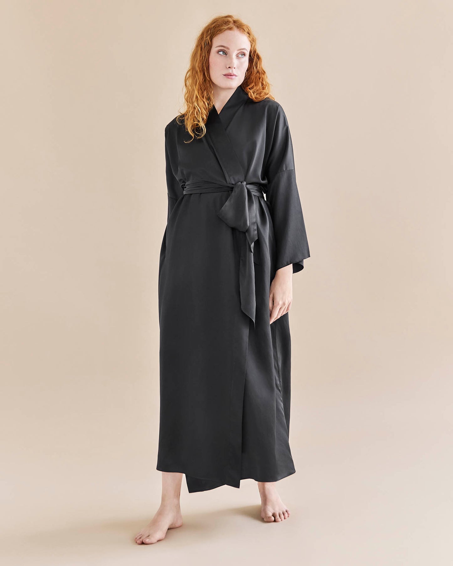 Serena Silk Long Robe - Black