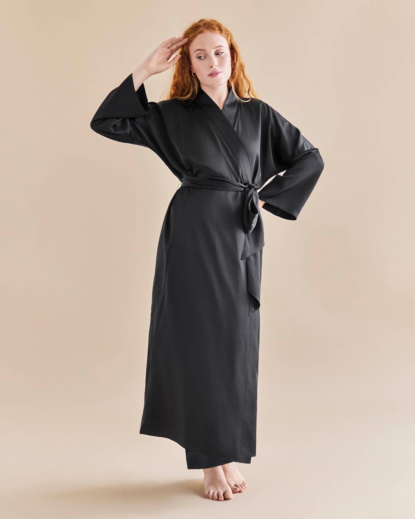 Serena Silk Long Robe - Black